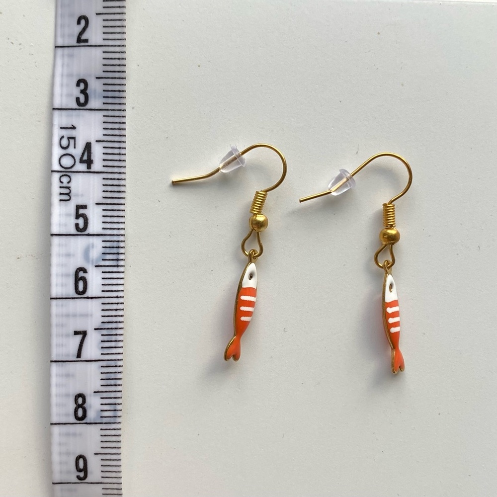Handmade GOLD STAINLESS STEEL Earrings Striped Sardines Fish Nautical Fairy Cute - Picture 2 of 8